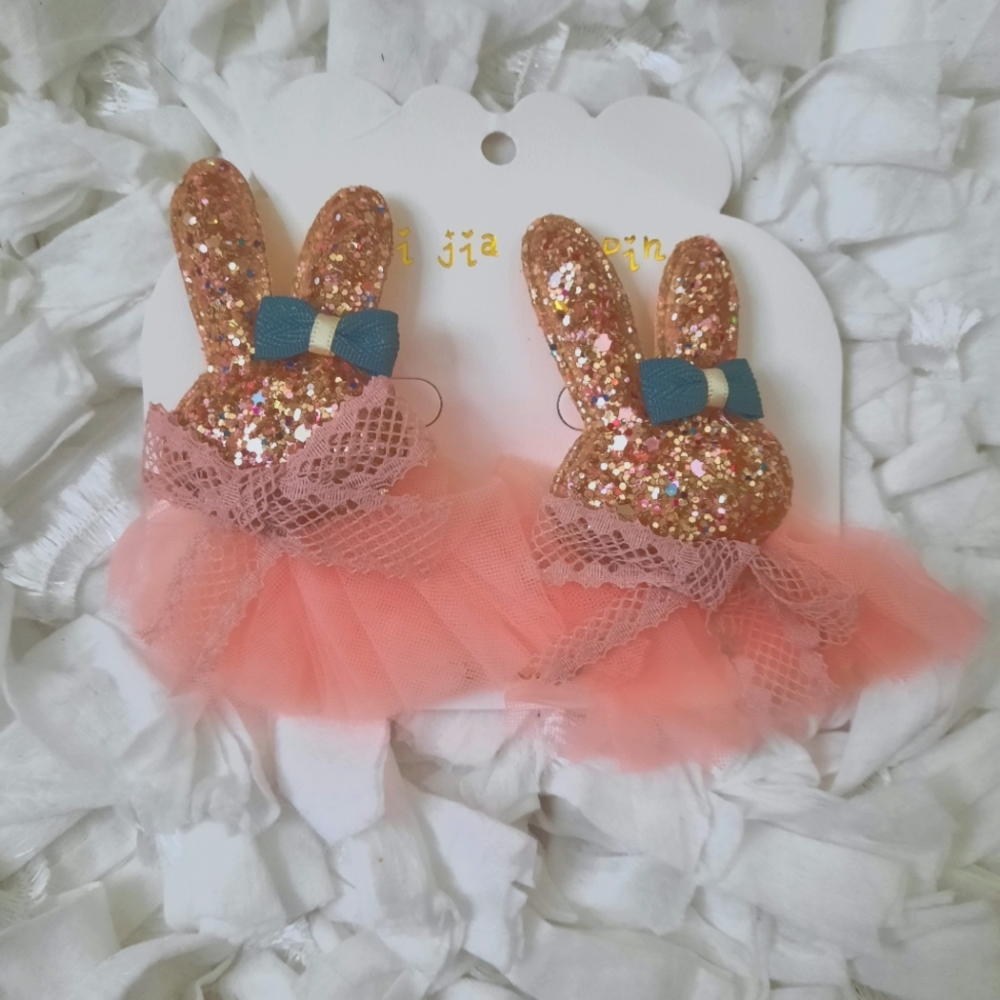 Multicolored Glitter Bunny Tutu Hair Bow Set 2 Rabbit Bows NWOT Rainbow